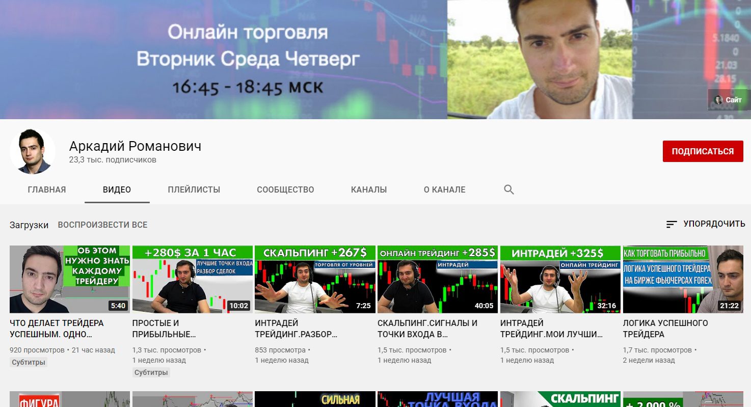 Ютуб-канал трейдера Аркадия Романовича