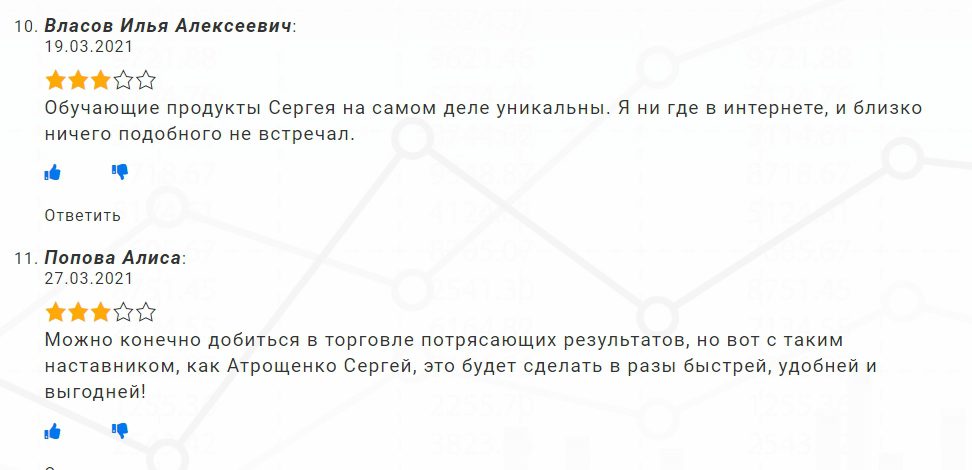 Отзывы клиентов о трейдере Сергее Атрощенко
