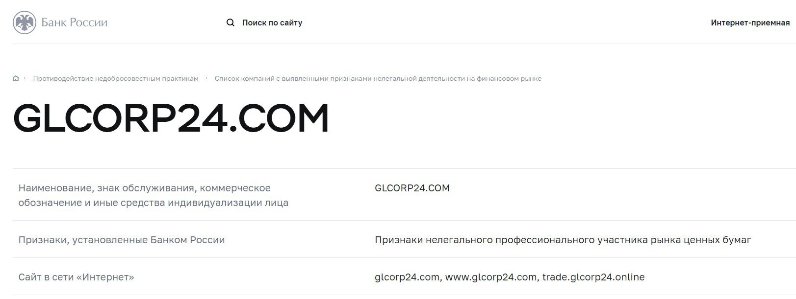 Glcorp24.com в реестре ЦБ