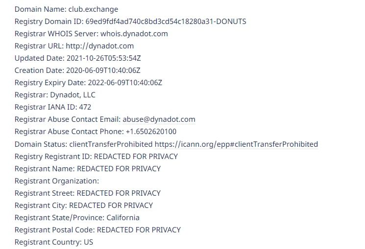 Club Exchange данные домена